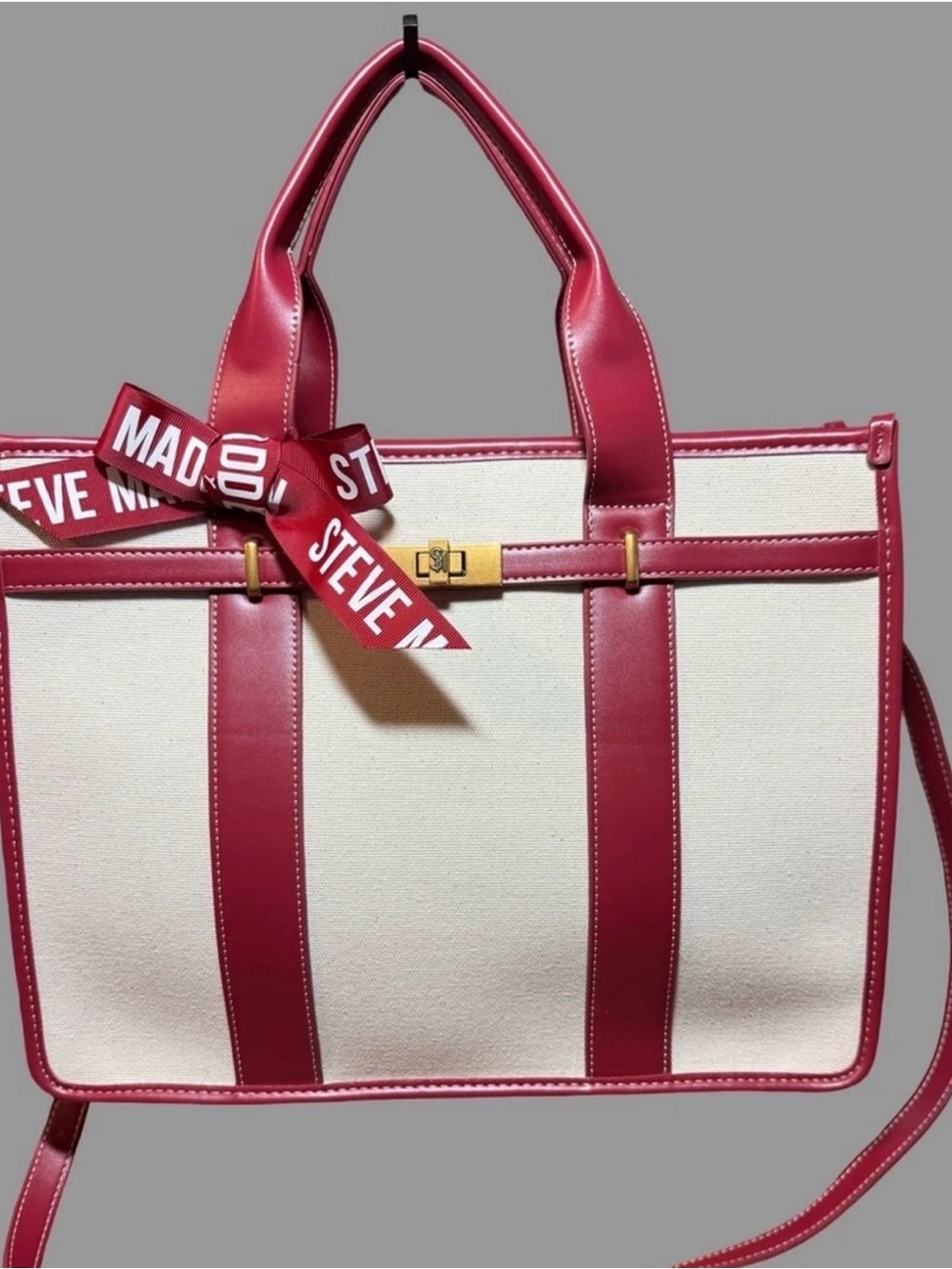 Steve Madden Cream Canvas Tote with Burgundy Faux leather Trim and Charm